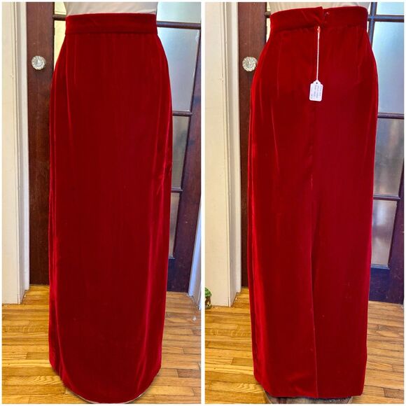 Handmade Dresses & Skirts - 1960s Cranberry Red Straight Maxi Skirt Plush Velvet Hippie Does Victorian